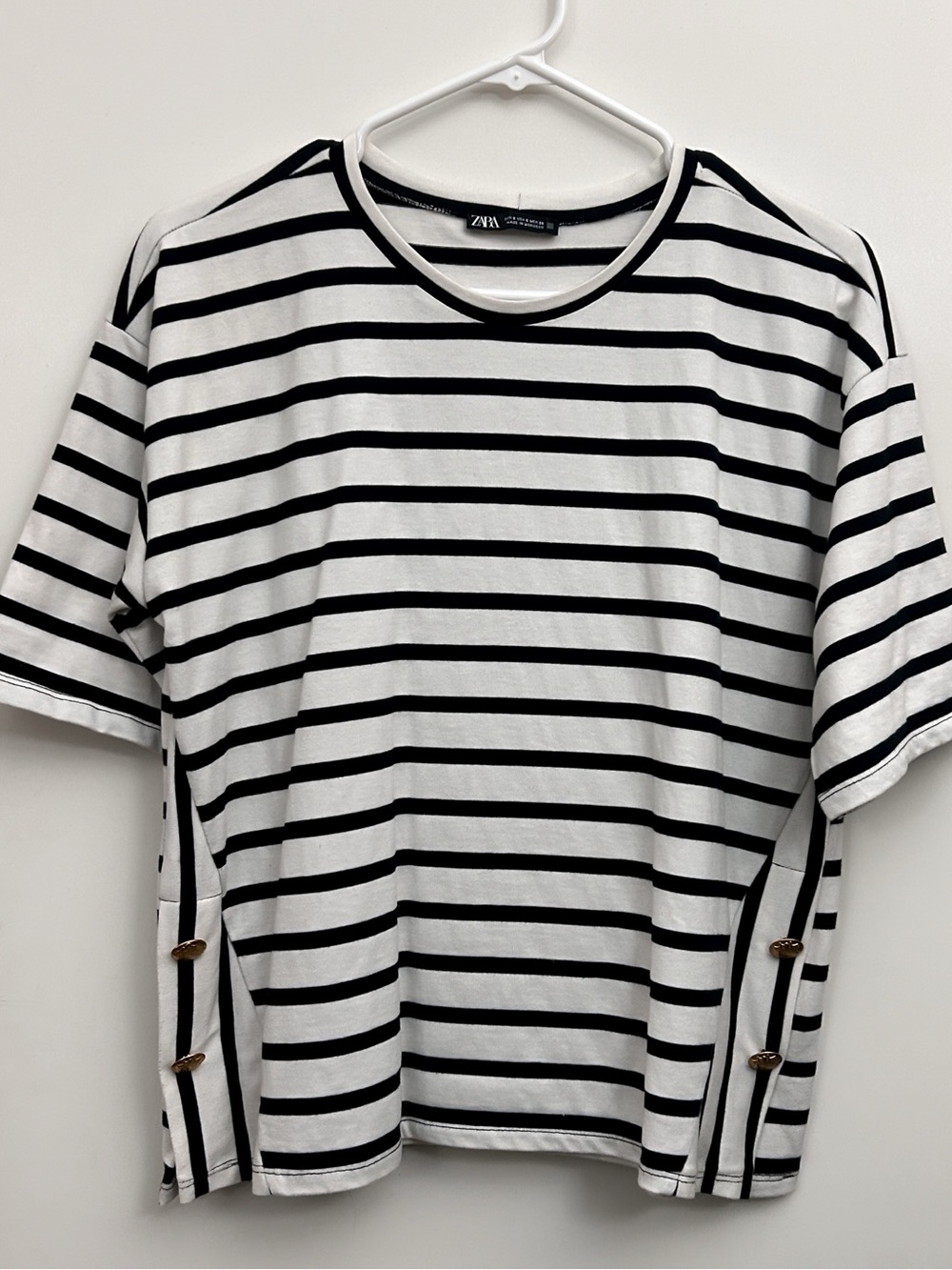 Zara Black and White Horizontal Stripe Short Sleeve Top with gold button detail